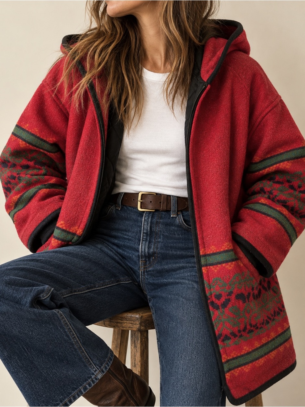 Vintage Woolrich USA Red Wool Southwest Blanket Hooded Coat M